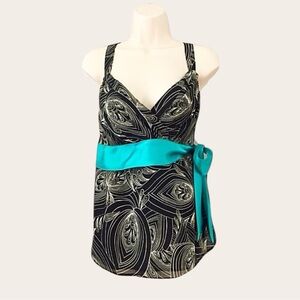 🩷 Lane Bryant Black Swirl Camisole Top w/ Teal Satin Tie | Date-Night Chic Y2K